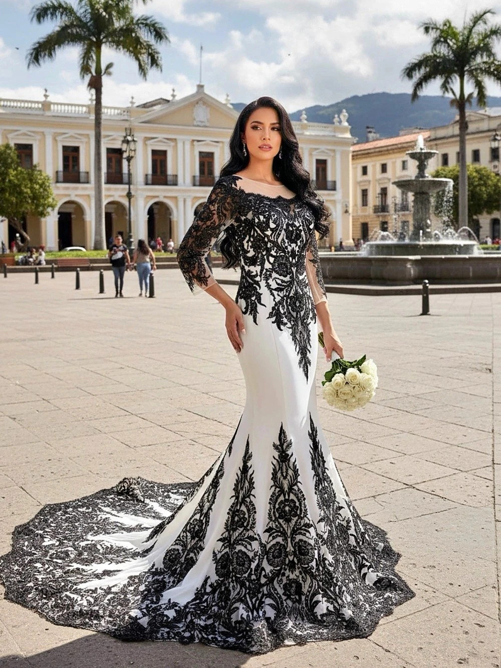Black & White Lace Mermaid Wedding Gown Like New